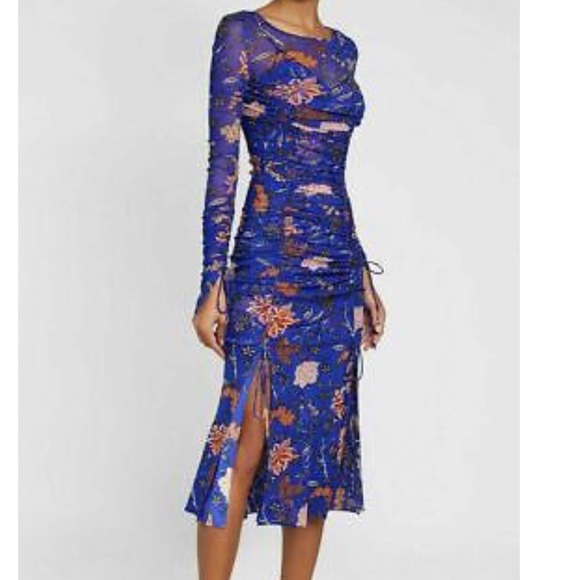 DIANE VON FURSTENBERG Canton Electric Blue Floral Ruched Midi 2pc Dress - Picture 4 of 12